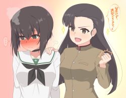 Rule 34 | 2girls, absurdres, ada badguy, black eyes, black hair, blush, breasts, brown eyes, chi-hatan school uniform, closed mouth, embarrassed, girls und panzer, highres, kawashima momo, large breasts, long hair, looking at another, monocle, multiple girls, nishi kinuyo, ooarai school uniform, open mouth, school uniform, short hair, simple background, smile, upper body, wavy mouth