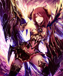 Rule 34 | 10s, 1girl, absurdres, armor, bare shoulders, belial (shingeki no bahamut), black thighhighs, detached sleeves, fang, fire, greaves, highres, horns, lance, leg up, long hair, navel, open mouth, orange eyes, pleated skirt, polearm, red hair, scan, shield, shingeki no bahamut, skirt, solo, tachikawa mushimaro, thighhighs, weapon
