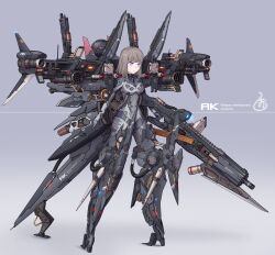 Rule 34 | 1girl, absurdres, armor, bayonet, bodysuit, brown hair, commentary request, covered navel, full body, grey background, gun, highres, holding, holding gun, holding weapon, mecha musume, missile pod, original, purple eyes, rifle, skin tight, solo, standing, tamasi, thrusters, tube, weapon