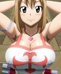 Rule 34 | 00s, 1girl, armlet, armpits, arms behind head, blush, breasts, brown eyes, brown hair, cleavage, covered erect nipples, elie, fairy tail, huge breasts, jewelry, large breasts, looking at viewer, necklace, rave, screencap, see-through, stitched, tank top, third-party edit, tonfa, weapon