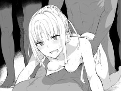Rule 34 | 10s, 1girl, 5boys, all fours, anal, arm support, ass, bouncing breasts, braid, breasts, completely nude, dark-skinned male, dark skin, doggystyle, double penetration, facing viewer, girl on top, greyscale, group sex, hetero, hiiragi yuuichi, looking at viewer, monochrome, multiple boys, multiple penetration, nipples, nude, open mouth, ortfine fredericka von eylstadt, rape, revision, sex, sex from behind, shuumatsu no izetta, small breasts, solo focus, straddling, sweat, tears, torso grab, vaginal