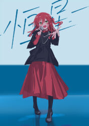 Rule 34 | black dress, bocchi the rock!, boots, dress, full body, gradient background, green eyes, hair between eyes, hair ribbon, hands up, highres, jewelry, kita ikuyo, looking at viewer, microphone, music, necklace, open mouth, red hair, ribbon, roah (user pgea4834), singing