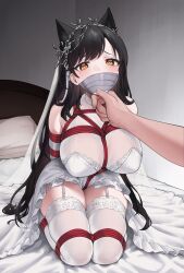 Rule 34 | 1girl, absurdres, animal ears, arms behind back, atago (azur lane), azur lane, bare shoulders, bdsm, bed, black hair, blush, bondage, bound, bound arms, bound legs, breast bondage, breasts, bridal veil, crotch rope, dog ears, dress, duct tape, elbow gloves, frilled dress, frills, gag, gagged, garter straps, gloves, grabbing another&#039;s chin, hair behind ear, hair ribbon, hand on another&#039;s chin, headpiece, heart, heart-shaped pupils, highres, improvised gag, large breasts, long hair, looking at viewer, mole, mole under eye, on bed, pillow, red rope, ribbon, rope, see-through, seiza, shibari, shibari over clothes, sitting, solo focus, svet yomi, swept bangs, symbol-shaped pupils, tape, tape gag, thighhighs, thighs, veil, very long hair, wedding dress, white dress, white gloves, white ribbon, white thighhighs, yellow eyes, zettai ryouiki