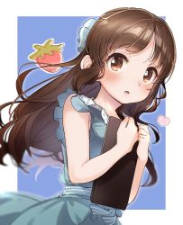 Rule 34 | 1girl, :o, blue background, blue bow, blue dress, blush, bow, brown eyes, brown hair, clipboard, collared dress, dress, floating hair, food, fruit, hair bow, hands up, heart, highres, idolmaster, idolmaster cinderella girls, long hair, looking at viewer, parted lips, sleeveless, sleeveless dress, solo, strawberry, striped, striped bow, tachibana arisu, two-tone background, very long hair, white background, yukie (kusaka shi)