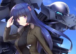 Rule 34 | black hair, breasts, commission, dog tags, flower, gun, hair flower, hair ornament, highres, holding, holding gun, holding weapon, long hair, makishima azusa, mecha, medium breasts, muv-luv, muv-luv alternative, muv-luv unlimited: the day after, purple eyes, robot, salute, science fiction, second-party source, sendou yuzuka, signature, skeb commission, sky, tactical surface fighter, type 94 shiranui, v-shaped eyebrows, visor, weapon