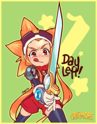Rule 34 | 1girl, :q, armor, bandana, black thighhighs, blush, brown eyes, chibi, copyright name, cryamore, cryamore condenser, detached sleeves, esmyrelda maximus, freckles, goggles, goggles on head, juby, long hair, neckerchief, orange hair, pauldrons, shorts, shoulder armor, solo, spiked hair, sword, thighhighs, tongue, tongue out, weapon