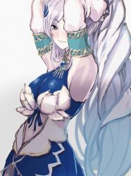 Rule 34 | 1girl, armpits, blush, breasts, cleavage, futomoy, gem, green eyes, hair ornament, highres, hololive, hololive indonesia, jewelry, long hair, looking at viewer, navel, necklace, pavolia reine, ponytail, simple background, smile, solo, virtual youtuber, white hair