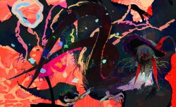 Rule 34 | abstract, abstract background, animal feet, black tail, extra tails, green hair, hat, highres, kamikiririp, monster, no humans, original, psychedelic, red eyes, solo