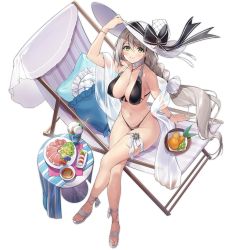 Rule 34 | 1girl, aquila (a sip of sardegnian elegance) (azur lane), aquila (azur lane), arm support, arm up, azur lane, beach chair, bikini, black bikini, blush, bracelet, braid, breasts, cleavage, collarbone, crossed legs, day, food, frills, from above, fruit, full body, green eyes, grey hair, hat, highleg, highleg bikini, highres, holding, ice cream, jewelry, large breasts, long hair, looking at viewer, looking up, navel, necomi, official art, outdoors, parted lips, pillow, round table, sand, seashell, shadow, shell, shore, single braid, sitting, smile, solo, starfish, stomach, string bikini, striped, sun hat, swimsuit, table, thigh strap, thighs, thong bikini, toeless footwear, toes, transparent background, vertical stripes, very long hair, water, white footwear, white hat