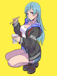 Rule 34 | 1girl, absurdres, alternate costume, blue eyes, blue hair, blunt bangs, blush, breasts, chopsticks, cleavage, closed mouth, commentary request, cup, denim, denim shorts, eating, food, food in mouth, full body, highres, holding, holding chopsticks, holding cup, holding food, jacket, jujutsu kaisen, light blue hair, long hair, looking at viewer, medium breasts, miwa kasumi, nissin cup noodle, shirt, shoes, shorts, simple background, solo, squatting, straight hair, white shirt, yamashita shun&#039;ya, yellow background