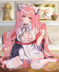 Rule 34 | 1girl, absurdres, azur lane, blunt bangs, breasts, choker, cleavage, comm, desk, eyes visible through hair, highres, large breasts, long hair, long sleeves, looking at viewer, nurse, perseus (azur lane), perseus (unfamiliar duties) (azur lane), pink hair, sidelocks, smile, solo, thighhighs, trophy, twintails, white thighhighs, wrist cuffs, yoshitoki (kisshin)