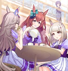 Rule 34 | 4girls, absurdres, ahoge, animal ears, blurry, blurry background, blush, breasts, brown hair, closed eyes, commentary request, cup, hair between eyes, hair ornament, happy meek (umamusume), highres, horse ears, horse girl, horse tail, kiryuuin aoi, long hair, medium breasts, medium hair, mejiro bright (umamusume), multiple girls, open mouth, school uniform, sitting, table, tail, tea, teacup, torinosukei, tracen school uniform, umamusume, wonder acute (umamusume)