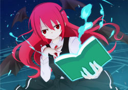 Rule 34 | 1girl, bat wings, black skirt, black vest, blue background, book, commentary request, dot nose, dutch angle, glowing, hair between eyes, hand on own chest, head wings, highres, holding, holding book, koakuma, long hair, long sleeves, looking at viewer, magic, magic circle, necktie, open book, red eyes, red hair, red necktie, sidelocks, simple background, skirt, skirt set, smile, solo, touhou, tsuukinkaisoku oomiya, upper body, vest, wings