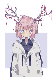 Rule 34 | 1boy, absurdres, antlers, arms at sides, black shirt, blood, blue eyes, bright pupils, collared shirt, commentary request, crying, crying with eyes open, drawstring, heterochromia, highres, hood, hood down, hoodie, horns, looking at viewer, male focus, original, parted lips, pink eyes, pink hair, raito-kun (uenomigi), shirt, short hair, solo, straight-on, tears, uenomigi, upper body, white pupils