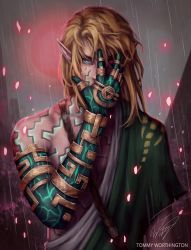 Rule 34 | 1boy, archaic set (zelda), asymmetrical sleeves, bare shoulders, blonde hair, blue eyes, commentary, covering face, covering own mouth, covering privates, heterochromia, highres, link, looking at viewer, male focus, moon, muscular, muscular male, night, nintendo, pointy ears, rain, red eyes, red moon, solo, the legend of zelda, the legend of zelda: breath of the wild, the legend of zelda: tears of the kingdom, tommyw art, triforce