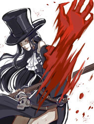 Rule 34 | 1other, ascot, bare shoulders, black hair, gloves, guilty gear, guilty gear strive, hat, highres, holding, long hair, looking at viewer, other focus, red eyes, scythe, skull, solo, testament (guilty gear), top hat, udakyo, white ascot