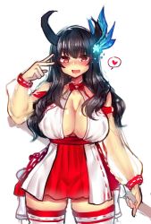Rule 34 | 1girl, :d, bad id, bad twitter id, black hair, blade &amp; soul, blush, breasts, brown eyes, cleavage, cowboy shot, feather hair ornament, feathers, hair ornament, hand up, heart, heart-shaped pupils, holding, horns, japanese clothes, large breasts, long hair, long sleeves, looking at viewer, open mouth, osiimi, pleated skirt, red skirt, see-through, simple background, sketch, skirt, smile, solo, spoken heart, standing, symbol-shaped pupils, thighhighs, v, white background