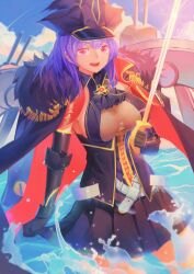 Rule 34 | 1girl, absurdres, admiral hipper (blue oath), blue oath, blue sky, breasts, cannon, cloud, cloudy sky, coat, hat, highres, holding, holding weapon, large breasts, leotard, long hair, looking at viewer, military uniform, ocean, open mouth, purple hair, red eyes, see-through, see-through leotard, sideboob, skirt, sky, sword, teeth, uniform, upper teeth only, water, weapon, yakimc