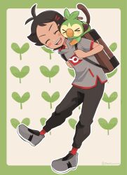 Rule 34 | 1boy, :d, antenna hair, backpack, bag, black hair, blush stickers, border, brown bag, closed eyes, commentary, creatures (company), game freak, gen 8 pokemon, goh (pokemon), green border, grey footwear, grey shirt, grookey, happy, highres, holding strap, male focus, nintendo, on shoulder, open mouth, pants, pokemon, pokemon (anime), pokemon (creature), pokemon journeys, pokemon on shoulder, pokesumomo, red socks, shirt, shoes, short hair, short sleeves, smile, socks, symbol-only commentary, teeth, upper teeth only