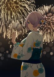 Rule 34 | 1girl, blue eyes, breasts, brid (nikke), closed mouth, fireworks, flower, from behind, frown, goddess of victory: nikke, grey hair, hair flower, hair ornament, hand fan, highres, japanese clothes, kimono, large breasts, light blush, looking at viewer, night, paper fan, sash, short hair, slowinfinity, solo, third-party source, yukata