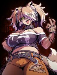 Rule 34 | 1girl, animal ears, belt, black nails, blonde hair, breasts, clover (flower), collar, colored tips, commission, ebiblue, eyes visible through hair, fangs, fishnet pantyhose, fishnets, flower, gesugao, glasses, glowing, glowing eyes, green eyes, hair over one eye, indie virtual youtuber, kamila bombette, large breasts, multicolored hair, navel, nose piercing, nose ring, orange pants, pants, pantyhose, piercing, plump, raccoon ears, raccoon girl, raccoon tail, signature, skeb commission, solo, spiked collar, spikes, tail, teeth, tongue, tongue out, tongue piercing, torn clothes, torn pants, twitter username, upper teeth only, virtual youtuber, white hair