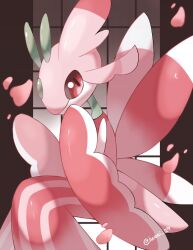 Rule 34 | artist name, brown background, bug, closed mouth, colored skin, commentary request, creatures (company), forehead jewel, game freak, gen 7 pokemon, iwasi 29, lurantis, nintendo, outside border, pillarboxed, pink skin, pokemon, pokemon (creature), red eyes, twitter username