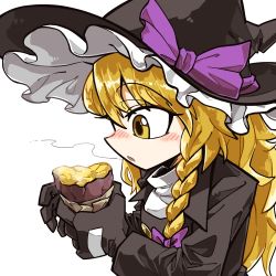 Rule 34 | 1girl, amerika zarigani, black coat, black gloves, black hat, blonde hair, blowing, blush, bow, braid, buttons, coat, commentary request, cookie (touhou), food, frilled hat, frills, gloves, hair bow, hat, hat bow, highres, holding, holding food, kirisame marisa, long hair, looking at food, open mouth, purple bow, rei (cookie), side braid, simple background, single braid, solo, steam, sweet potato, touhou, upper body, white background, witch hat, yellow eyes
