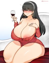 Rule 34 | 1girl, alcohol, areola slip, bare shoulders, bed sheet, black hair, blue background, blush, breasts, champagne, closed mouth, collarbone, covered erect nipples, cowboy shot, curvy, dress, earrings, gradient background, hairband, half-closed eyes, highres, huge breasts, jewelry, long hair, long sleeves, looking at viewer, no bra, red dress, red eyes, shiny skin, sitting, smile, solo, spy x family, startop, sweater, sweater dress, thick thighs, thighs, white background, wide hips, yor briar