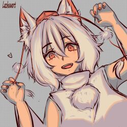 Rule 34 | 1girl, absurdres, animal ears, arms up, bare shoulders, detached sleeves, gao, hands up, hat, highres, inubashiri momiji, lazhuwart, red eyes, shirt, simple background, sketch, smile, solo, touhou, white hair, white shirt, wolf ears