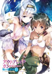 Rule 34 | 10s, 2girls, ahoge, animal ears, bare shoulders, brown hair, elbia hernaiman, hairband, highres, jewelry, lots of jewelry, midriff, multiple girls, navel, necklace, outbreak company, short hair, silver hair, tail, yuugen