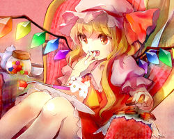 Rule 34 | 1girl, ascot, blonde hair, blush, cake, candy, caramel, checkerboard cookie, cookie, couch, crystal, eating, fangs, flandre scarlet, food, fork, fruit, hat, i wanna, mob cap, open mouth, pot, puffy short sleeves, puffy sleeves, red eyes, ribbon, short hair, short sleeves, side ponytail, sitting, skirt, smile, solo, strawberry, touhou, vest, wings