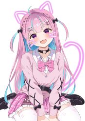 Rule 34 | 1girl, absurdres, ahoge, anchor necklace, animal ear legwear, animal ears, belt, black bow, black footwear, blue hair, blush, bow, bowtie, braid, breasts, cat choker, cat ears, cat hair ornament, cat tail, choker, collared shirt, colored inner hair, cross-laced clothes, cross-laced sleeves, drawn ears, drawn tail, drawn whiskers, dress shirt, fake animal ears, fake tail, hair bow, hair ornament, hairclip, hands on ground, head tilt, highres, hololive, jewelry, kemu1209, loafers, long hair, long sleeves, looking at viewer, medium breasts, minato aqua, minato aqua (school uniform), miniskirt, multicolored hair, necklace, open mouth, pendant, pink bow, pink bowtie, pink hair, pink skirt, pink sweater, plaid, plaid bow, plaid bowtie, plaid skirt, purple eyes, school uniform, shirt, shoes, simple background, skirt, smile, solo, streaked hair, sweater, tail, thighhighs, twin braids, two-tone hair, two side up, virtual youtuber, war, white background, white shirt, white thighhighs, x hair ornament