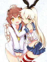 Rule 34 | 10s, 2girls, anchor, anchor hair ornament, bad id, bad pixiv id, black panties, blonde hair, blush, brown eyes, brown hair, dress, elbow gloves, gloves, green eyes, hair ornament, hairband, kantai collection, long hair, looking at viewer, multiple girls, nanashin naomi, navel, one eye closed, open mouth, panties, personification, sailor dress, shimakaze (kancolle), short hair, skirt, striped clothes, striped legwear, striped thighhighs, thighhighs, underwear, white gloves, wink, yukikaze (kancolle)