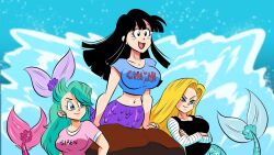 Rule 34 | 3girls, android 18, black eyes, black hair, black shirt, blonde hair, blue eyes, blue hair, blue shirt, boulder, breasts, bulma, chi-chi (dragon ball), crop top, dragon ball, dragonball z, fins, fish tail, funsexydb, large breasts, long hair, mermaid, monster girl, monsterification, multiple girls, name on shirt, ocean, open mouth, pink shirt, scales, shirt, smile, tail, the little mermaid