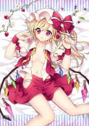Rule 34 | 1girl, bad id, bad pixiv id, blonde hair, candy, female focus, flandre scarlet, food, fork, fruit, hat, highres, lying, masaru.jp, no bra, on back, open clothes, open shirt, open skirt, panties, red eyes, shirt, skirt, solo, strawberry, embodiment of scarlet devil, touhou, underwear, wings