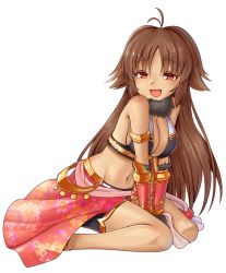 Rule 34 | 1girl, :d, ahoge, ajidot, armlet, between legs, breasts, brown hair, cleavage, commentary request, floral print, fur collar, half-closed eyes, halterneck, hand between legs, kaori (princess connect!), korean commentary, large breasts, long hair, looking at viewer, navel, on ground, open mouth, parted bangs, princess connect!, red eyes, sarong, sideboob, simple background, sitting, smile, solo, tan, vambraces, very long hair, wariza, white background