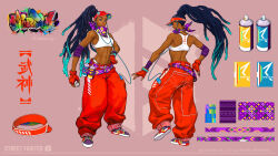 Rule 34 | 1girl, abs, absurdres, back, baggy pants, biceps, character name, character sheet, colored tips, copyright name, crop top, dark-skinned female, dark skin, dreadlocks, earphones, fingerless gloves, full body, gloves, hand on own hip, highres, kimberly jackson, looking at viewer, multicolored hair, multiple views, official alternate costume, official alternate hairstyle, official art, panties, pants, panty peek, red pants, scarf, shoes, smile, sneakers, solo, spray can, street fighter, street fighter 6, toned, turnaround, underwear, visor cap, walkman