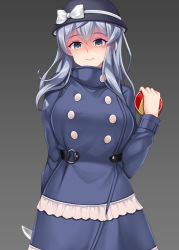 Rule 34 | 1girl, absurdres, black hat, blue coat, blue eyes, blue hair, box, buttons, closed mouth, coat, false smile, gift, gift box, gotland (kancolle), gotland andra (kancolle), grey background, hair between eyes, hat, highres, holding, holding gift, holding knife, kantai collection, knife, long sleeves, medium hair, mole, mole under eye, ruin re birth, shaded face, simple background, smile, solo, upper body, yandere