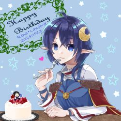 Rule 34 | 1girl, ahoge, akira (kanadomeakira62), ashton anchors, birthday cake, blue eyes, blue hair, breasts, cake, cape, closed mouth, crescent, crescent hair ornament, dated, food, fork, hair ornament, holding, holding fork, long hair, looking at viewer, pointy ears, red cape, rena lanford, smile, solo, star (symbol), star ocean, star ocean the second story