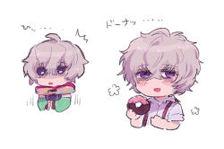 Rule 34 | 1boy, bags under eyes, bare shoulders, chibi, chiimako, detached sleeves, doughnut, fingerless gloves, food, gloves, gnosia, grey eyes, grey hair, hair between eyes, looking at viewer, male focus, multiple persona, purple eyes, remnan (gnosia), short hair, simple background, translation request, v-shaped eyebrows, white background