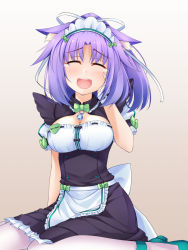 Rule 34 | 10s, 1girl, :d, ^ ^, animal ears, apron, bell, bow, breasts, cat ears, cinnamon (nekopara), cleavage, closed eyes, closed eyes, hair ribbon, hand on own cheek, hand on own face, healther, jingle bell, large breasts, laughing, maid headdress, name tag, nekopara, open mouth, ponytail, puffy short sleeves, puffy sleeves, purple hair, ribbon, short hair, short sleeves, sitting, smile, solo, tears, waist apron, waitress, wrist cuffs