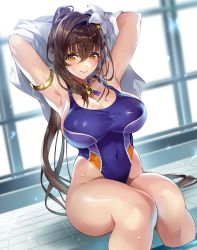 Rule 34 | 1girl, armlet, armpits, arms up, backlighting, bad id, bad twitter id, bell, blue one-piece swimsuit, blurry, bokeh, breasts, brown hair, choker, cleavage, covered erect nipples, covered navel, day, depth of field, diffraction spikes, dutch angle, flower, hair between eyes, hair flower, hair intakes, hair ornament, highleg, highleg swimsuit, highres, indoors, jingle bell, kanpani girls, large breasts, legs together, lily (flower), long hair, looking at viewer, mole, mole under eye, neck bell, one-piece swimsuit, ponytail, poolside, revision, ribbon choker, senri gan, shide, shirayuri sakura, single hair intake, single sidelock, sitting, soaking feet, solo, swimsuit, thighs, very long hair, wet, yellow eyes