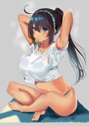Rule 34 | 1girl, absurdres, bikini, black hair, blue eyes, breasts, chips (food), artistic error, food, hairband, highres, inushima, large breasts, long hair, original, ponytail, potato chips, shirt, solo, steam, sweat, swimsuit, tan, tanline, white shirt, wrong foot