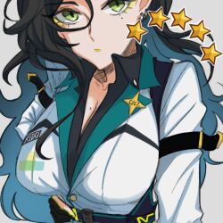 Rule 34 | 1girl, black hair, black shirt, breasts, cleavage, collared shirt, commentary request, earrings, girls&#039; frontline, green eyes, hair between eyes, jacket, jewelry, lapel pin, large breasts, long hair, looking at viewer, messy hair, mole, mole on breast, mole under eye, open clothes, open shirt, python (girls&#039; frontline), ridot, shirt, solo, star (symbol), star pin, upper body, white jacket, yellow lips
