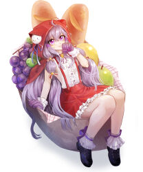 Rule 34 | 1girl, absurdres, ahoge, ankle ribbon, baguette, basket, bell, black footwear, bread, brown dust 2, closed mouth, dress, eating, flat chest, food, food on face, frilled skirt, frills, fruit, full body, gloves, grapes, grey hair, highres, jingle bell, leg ribbon, long hair, okzjaosej22, oversized food, oversized object, purple eyes, purple gloves, purple ribbon, red hood, red skirt, ribbon, rou (brown dust), simple background, sitting, skirt, solo, suspender skirt, suspenders, towel, twintails, very long hair, white background, white dress