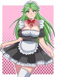Rule 34 | 1girl, alternate costume, apron, blush, bow, breasts, cleavage, closed mouth, clothes lift, collarbone, dress, dress lift, enmaided, feet out of frame, female focus, green eyes, green hair, highres, kid icarus, kid icarus uprising, large breasts, lepypepy, lifting own clothes, long hair, maid, maid apron, maid headdress, matching hair/eyes, bowtie, nintendo, palutena, patreon username, pink background, polka dot, polka dot background, red bow, smile, solo, standing, thighhighs, watermark, web address, white thighhighs