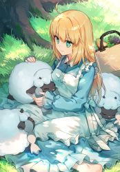 Rule 34 | 1girl, ahoge, alternate costume, apron, artoria pendragon (all), artoria pendragon (fate), barefoot, blonde hair, blue dress, breasts, commentary, creatures (company), crossover, dress, fate/stay night, fate (series), food, game freak, gen 8 pokemon, green eyes, hair down, highres, holding, holding pokemon, kamiowl, long dress, long hair, long sleeves, looking at animal, medium breasts, nintendo, pokemon, pokemon (creature), saber (fate), sheep, sleeping, smile, symbol-only commentary, white apron, wooloo