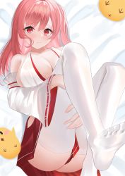Rule 34 | 1girl, 1other, ass, azur lane, bare shoulders, breasts, cleavage, dead or alive, detached sleeves, feet, hands under legs, highres, honoka (doa), knees up, large breasts, long hair, looking at viewer, lying, manjuu (azur lane), megumi kei, no shoes, on back, one side up, pink hair, pleated skirt, red eyes, red skirt, shirt, skirt, thighhighs, thighs, white shirt