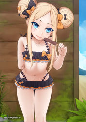 Rule 34 | 1girl, abigail williams (emerald float) (fate), abigail williams (fate), arm behind back, bare shoulders, bikini, black bikini, black bow, blonde hair, blue eyes, blush, bow, breasts, collarbone, double bun, emerald float, fate/grand order, fate (series), female focus, food, forehead, frilled bikini, frills, hair bow, hair bun, highres, leaning forward, long hair, looking at viewer, multiple hair bows, navel, official alternate costume, orange bow, outdoors, parted bangs, polka dot, polka dot bow, popsicle, sidelocks, small breasts, smile, solo, standing, swimsuit, thighs, tongue, tongue out, vahn yourdoom