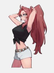 Rule 34 | 1girl, adjusting hair, android 21, armpits, belt, black shirt, blue eyes, brown belt, dragon ball, dragon ball fighterz, glasses, grey background, kemachiku, long hair, looking away, midriff, navel, red hair, red ribbon army, shirt, shorts, simple background, solo, tied shirt, white shorts